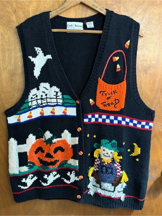 Vintage Jackets & Blazers - Vintage 90s Black Halloween Patchwork Embroidered Sweater Vest Pumpkin Ghost Y2K